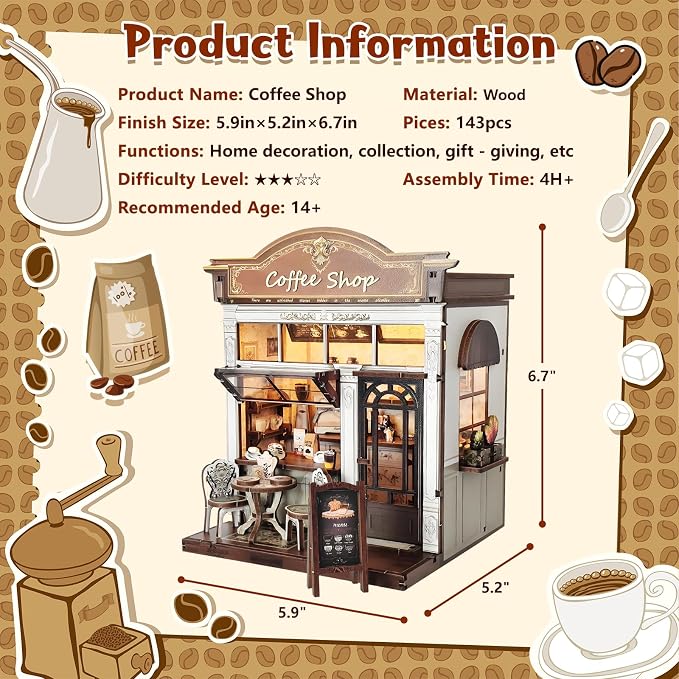 DIY Miniature House Kit, Coffee Shop Book Nook Kit, Mini Building Kit, Dollhouse Kit for Adults and Teens, 3D Wooden Puzzles with LED Light, Craft Kit for Family and Friends(Retro Coffee Shop)