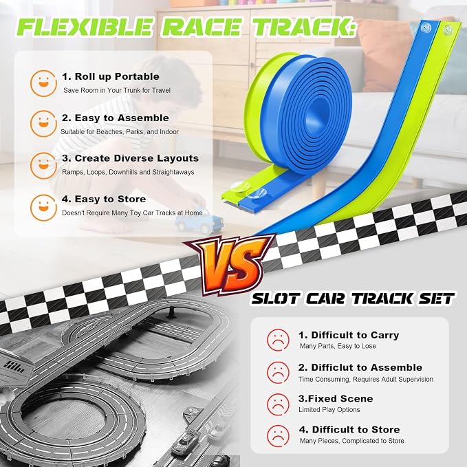 Flexible Race Track Toys for Kids, 15 Ft Flex Tracks Starter Set with Strong Suction Cups - Compatible with Hot Wheels and Diecast 1/64th Cars, Rolls up Portable Race Car Ramp Track (Blue Green)