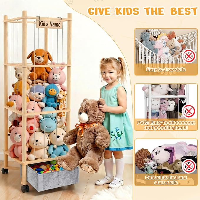 Stuffed Animal Storage with Toys Tray, 57In Large Wooden Stuffy Plushies Storage Holder Extra Large Capacity Stuffed Animals Zoo Organizer for Toddler Rooms, Playrooms & Bedrooms (Toys Tray & Wheels)