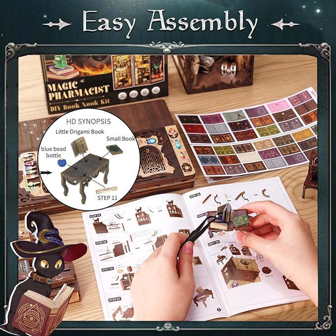 Fsolis Book Nook Kit, 3D Wooden Puzzle for Adults (Magic Pharmacist) | DIY Miniature Magic House Kit, 282 Wood Pieces, Bookshelf Decor with Light and Dusk Cover, Gifts for Women Teens
