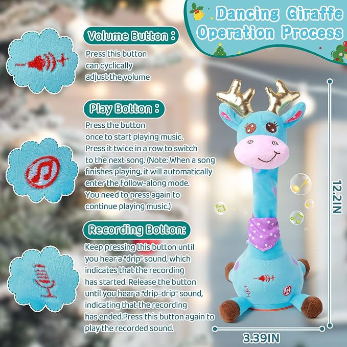 Dancing Talking Giraffe Toy, Stuffed Animal Baby Toy Repeating What You Say, Glowing Musical Giraffe Gifts for Toddlers 1-3 Years Old, for Kids (Blue Giraffe Antlers)