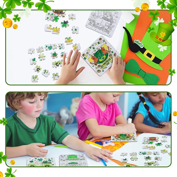 Realspring 24 Pack St Patricks Day Crafts for Kid Irish Coloring Jigsaw Puzzles St. Patrick's Day Activities Classroom Gifts Color Your Own Shamrock Irish Elf Hat Craft Puzzle for Party Favors