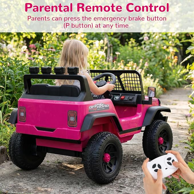 OLAKIDS 24V Ride on Car with Remote Control, Bluetooth, LED Lights, Horn, Spring Suspension, High/Low Speeds, Soft Start for Kids Aged 3+ (Pink)