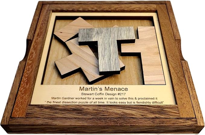 Creative Crafthouse Martin's Menace Large Stewart Coffin Wood Puzzle | Design number 217. Four packing pieces in a 6 inch square that look easy and are not. A tough desk gift, made in USA