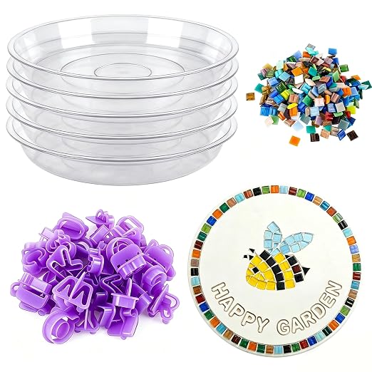 U0U 5PCS Stepping Stone Kit Includes Round Cement Molds, Mosaic Tiles and Carving Tools,DIY Garden Stepping Stone kit for Kids,Family,Outdoor Walkways Pavement Decoration (No Concrete Mix)
