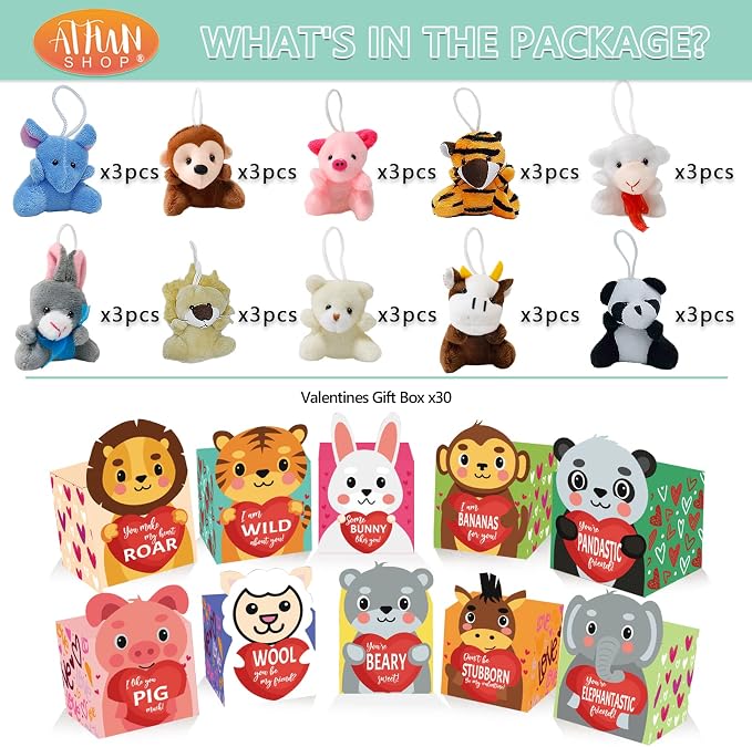ATFUNSHOP Easter Basket Stuffers 30 Pack Animal Plush Toys with Gift Boxes | Valentines Day Gifts for Kids, Gift Card & Toys Fillers in Bulk Exchange for Girls Boys Class Classroom School