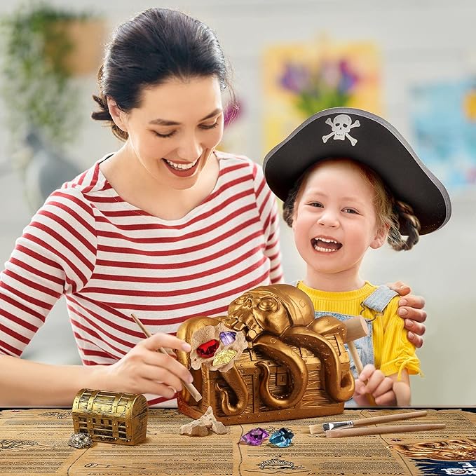 Jumbo Pirate Treasure Chest Dig Kit - Dig Up 12 Gems & Pirate Treasures, STEM Science Educational Toy Gifts for Boys, Girls & Kids Ages 6–12, Excavation Dig Party Favors