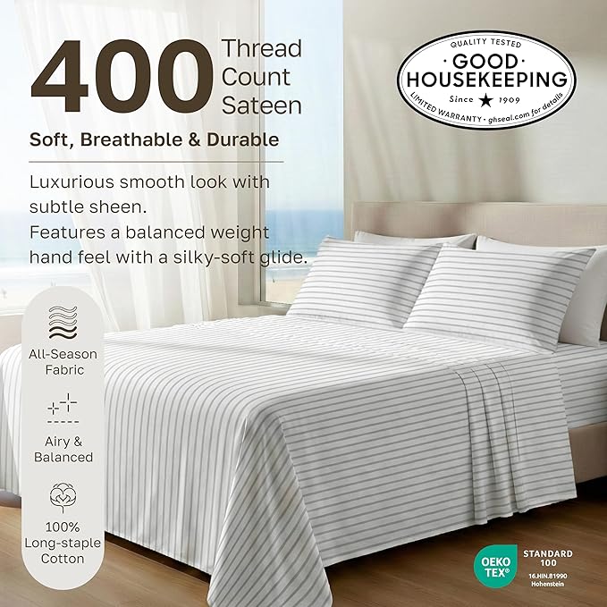 California Design Den Soft Cotton Cal King Size Bed Sheets Set, 400 TC Good Housekeeping Award Winner, Smooth Sateen Finish with Deep Pockets, Cozy and Durable Cal King Bedding Set - Pinstripe