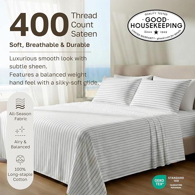 California Design Den Soft 100% Cotton Queen Size Bed Sheets Set, 400 TC Good Housekeeping Award Winner, Smooth Sateen Finish with Deep Pockets, Cozy and Durable Queen Bedding Set - Pinstripe
