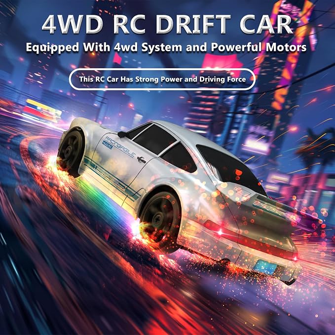 RC Drift Car 1:24 Remote Control Car 4WD 15KM/H High Speed Racing Sport Car with LED Lights RC Cars Toy for Kids Boys Girls Adults Gifts Birthday Christmas Rechargeable Batteries