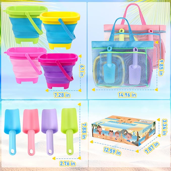 Collapsible Beach Buckets for Kids, 4 Packs Foldable Sand Buckets and Shovels with Mesh Beach Bag, Silicone Sand Pails for Toddlers Beach Toys, Easter Egg Hunt, Camping, Travelling, Fishing Water Pail