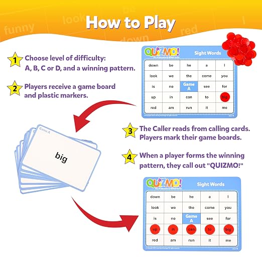 QUIZMO Sight Words | Bingo-Style Vocabulary Game | 4 Levels of Difficulty for Ages 5-9 | Teach Basic Reading and Writing Skills