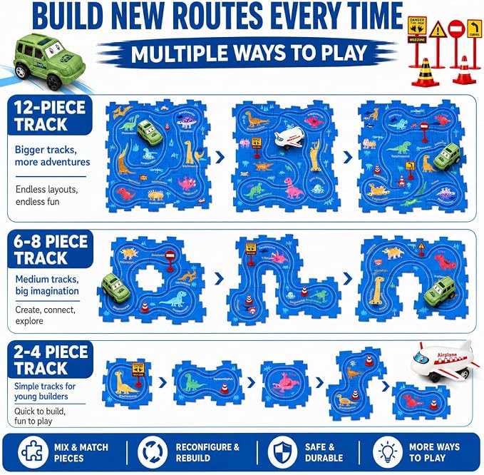hahaland Dinosaur Race Track for 3+ Year Old Boys, Puzzle Racer Car Track Set with Airplane & Car, Toddler Puzzle Racetrack, Educational Car Puzzle Toy, Gift for 3 Year Old Boys