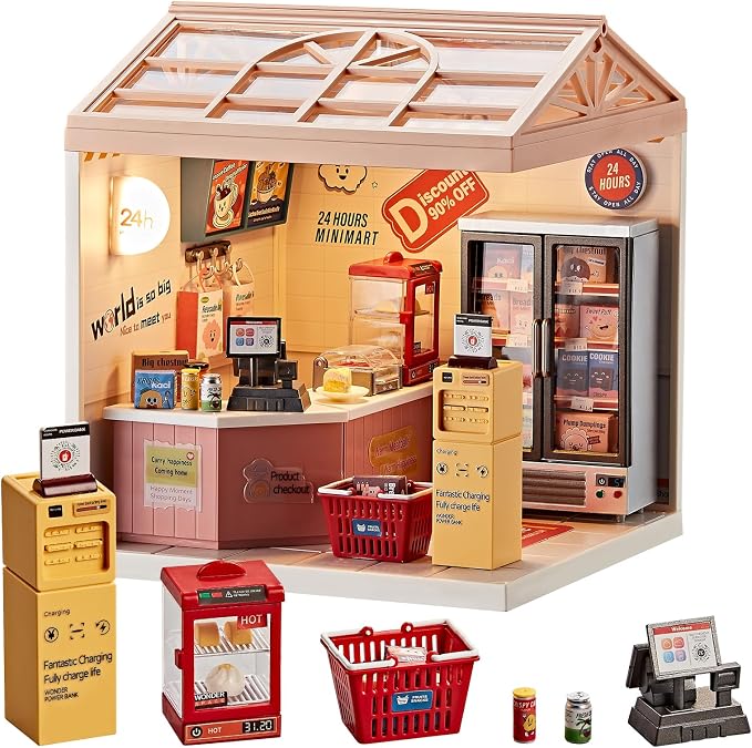 Miniature DIY House Kit Convenience Store – 92Pcs 1:24 Scale Dollhouse Mini-Mart Corner Store Shop with LED Light, Realistic Snacks & Connectable Base for Kids 8+ and Hobbyists