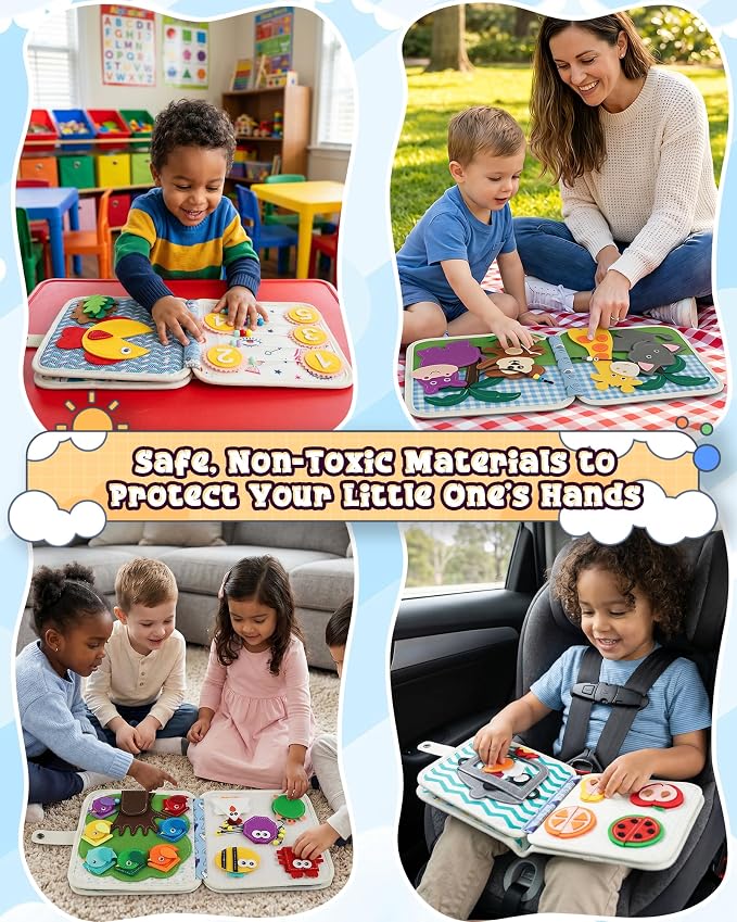 Montessori Busy Book for Toddlers, 8-Page Sensory Activity Book for Fine Motor Skills & Basic Dress Learning, Portable Travel Toy for Preschool Kids, Birthday Gift for Boys and Girls (Lion)