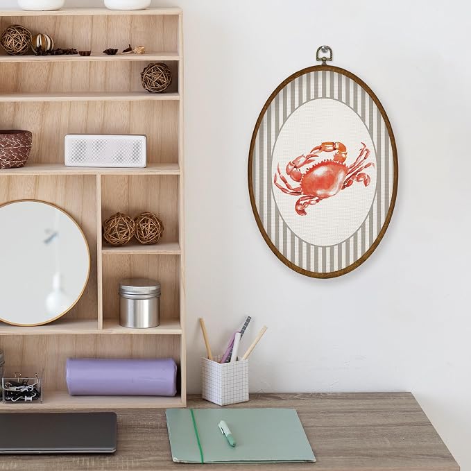 WULQYING Coastal Beach Red Crab Wall Art Decor, Beach Nursery Oval Framed Canvas Art Prints, Neutral Striped Nautical Ocean Crab Wall Hanging Decor for Home Bedroom Kids Nursery Room, 8.6x11.4 Inches