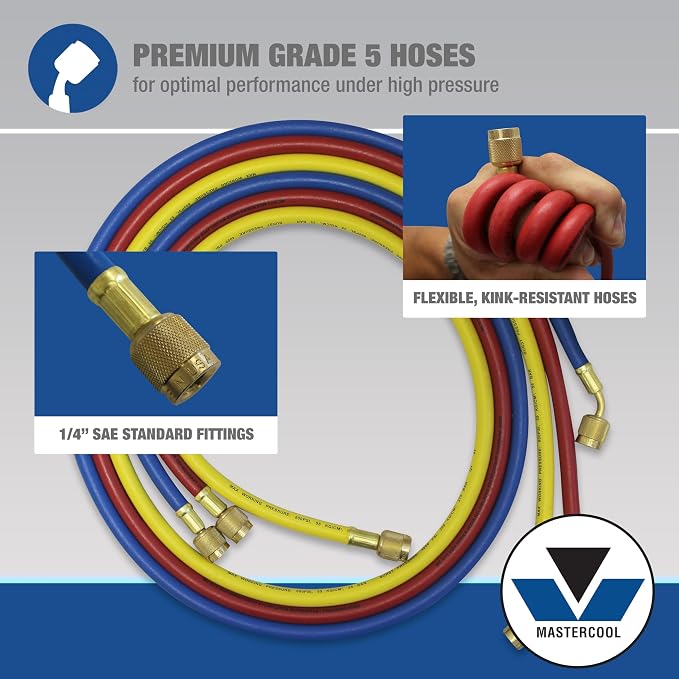 Mastercool 59161 2-Way Heavy Duty Brass Manifold Gauge Set with 3 1/8" Silicone Dampened Gauges and 1/4" SAE Fittings for R410a, R22, R404A - U.S. Assembled & Tested with 60" Hoses