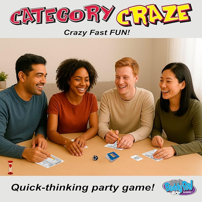 Category Craze - The Simple, Fast-paced, dice-Rolling, Category Card Game for Families or Parties! Ages 12 and up. 2 or More Players or Teams!