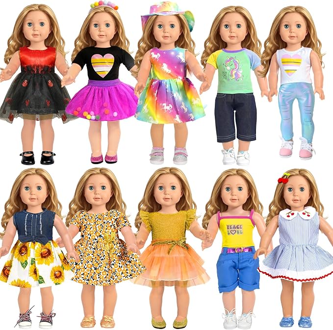 American 18 inch Doll Clothes Accessories, 18PCS Doll Clothes Outfit Dress for 18 inch, Valentine's Gift for Girls(10 Set)
