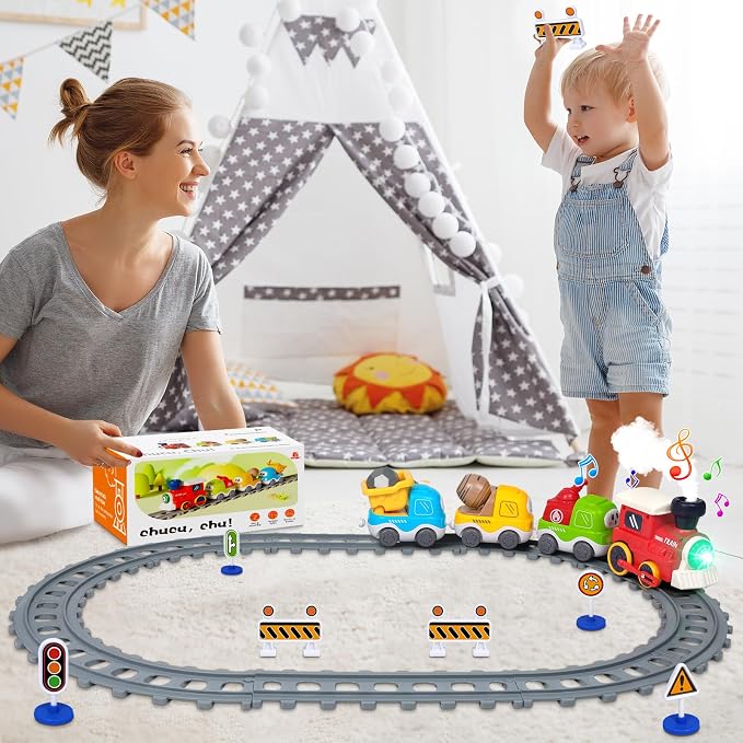 Electric Train Set for Toddlers 3-5 4-8 with Train Tracks Set Lights Up Steam Sign Realistic Music Sound Magnetic Train Connection Toys Birthday 3 4 5 6 7 8+ Years Old Boy Toys Girl