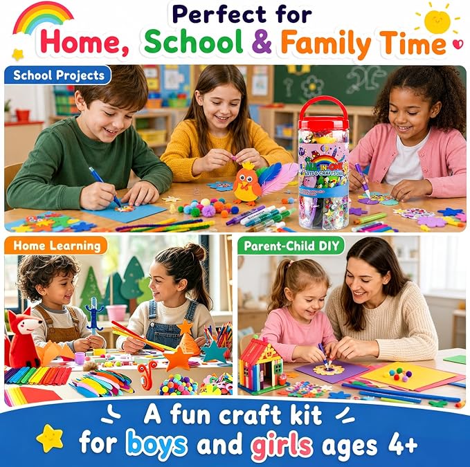 FUNZBO Arts and Crafts Supplies for Kids - Toddlers Craft Kit with Glitter Glue Stick, Pipe Cleaners, Pom Poms, Popsicle Sticks Tools, DIY School Supplies Kit, Birathday Gifts for Girls Boys Age 4+