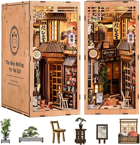 DIY Book Nook Kit - Japanese DIY Miniature House Kit for Adults,Dollhouse Kit 3D Wooden Puzzle Bookend Diorama Insert Decor,Gifts for Family Friends (The Alley Waiting for the Cat)