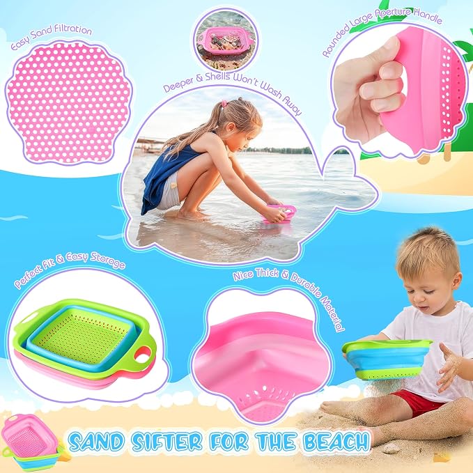 EULRGAUS Beach Sand Toys, 2 Collapsible Sand Sifters, 2 Beach Shovels, 2 Mesh Beach Bags, Shark Tooth Sifter & Shell Collecting for Kids Boys and Girls, Beach Essentials for Family