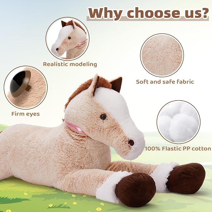 Tezituor 71inches Lifesize Horse Stuffed Animal, 6ft Ride Realistic Stuffed Horse Plush Toy for Boys Girls, Hugging Soft Pony Plush Body Pillow for Kids Adult