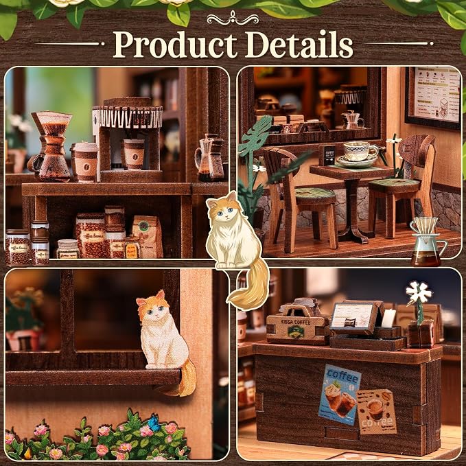 Cutebee DIY Miniature House Kit Japanese Coffee Shop Dollhouse for Adults | 3D Wooden Puzzle Model Building Kit with LED Lights, 262 Pcs Tiny House DIY Craft Home Desk Shelf Decor Gift Kissa Coffee