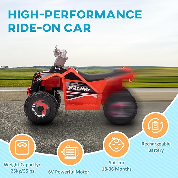 Aosom Kids ATV Quad Car, 6V Four-Wheeler Ride on Toy for Kids with Forward Backward Function, Wear-Resistant Wheels for Toddlers Ages 18-36 Months, Red
