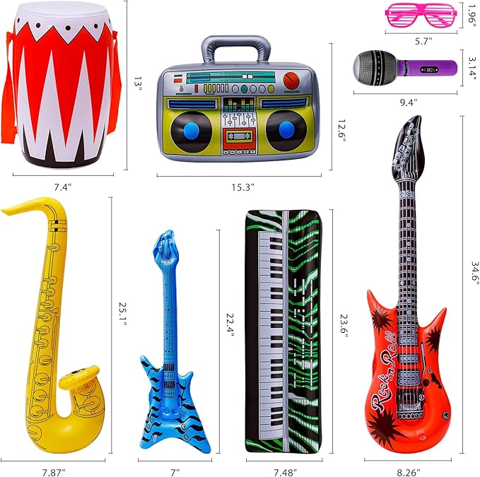 Max Fun Inflatable Rock Star Toy Set, 48pcs Inflatable Party Props for Kids 80s 90s Party Decorations Inflatable Guitars Inflate Rock Band Assortment Party Favors (Random Color)