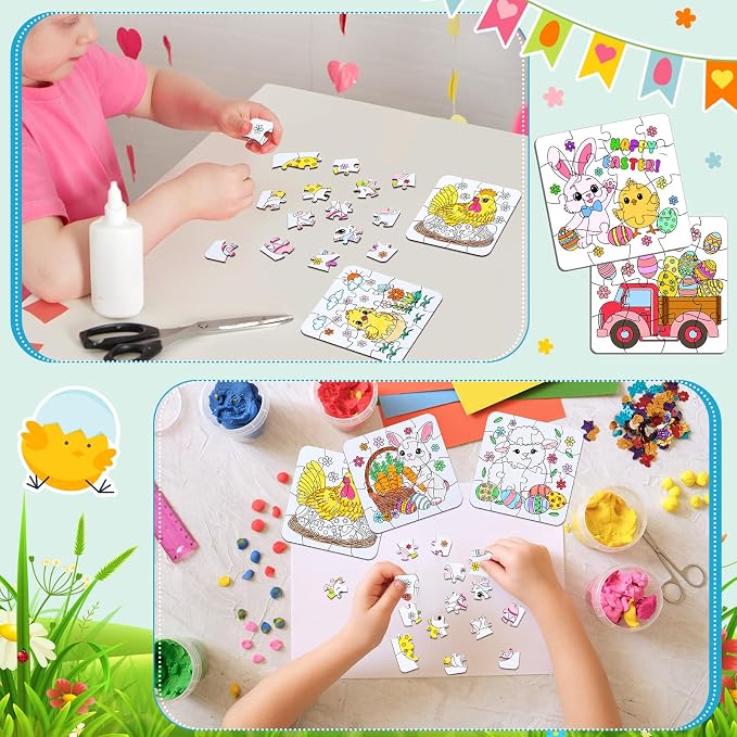 Realspring 24 Pack Color Your Own Jigsaw Puzzles for Kids Coloring Puzzles DIY Paper Jigsaw Bulk Party Favors Gifts Exchange Classroom Activities Home Educational Game Toy (Bunny)
