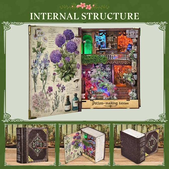 MiniCity DIY Book Nook Kit with 3D Puzzle Model Building Wooden Bookshelf Bookend Toy Halloween Christmas Birthday Gift (Potion-Making Edition)