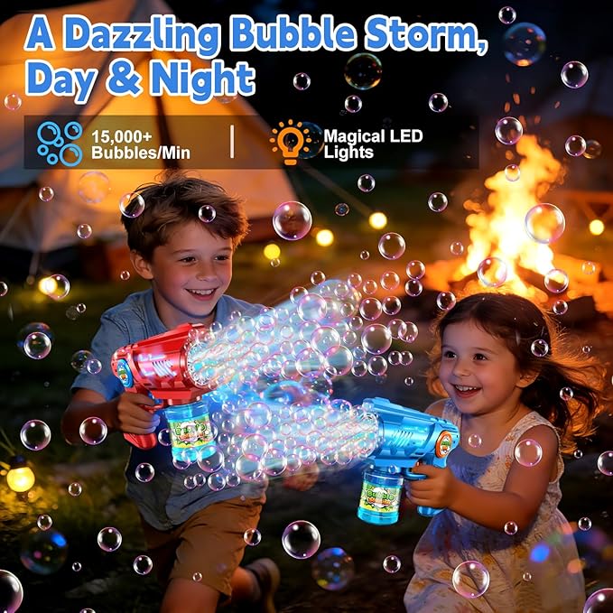 Zerhunt Lightweight Automatic Bubble Gun: 2 Pack Bubble Blaster for Kids 4-8 with Bubble Solution & LED Light - 15000+ Bubbles Per Minute Easy for Kids to Hold - Great Party Outdoor Toy