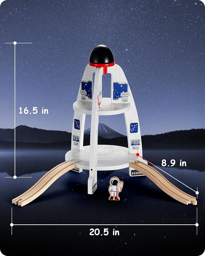 SainSmart Jr. Wooden Train Track Accessory, Space Launcher Rocket Ship Play Set with Astronauts, Compatible with Brio, Thomas, Melissa and Doug