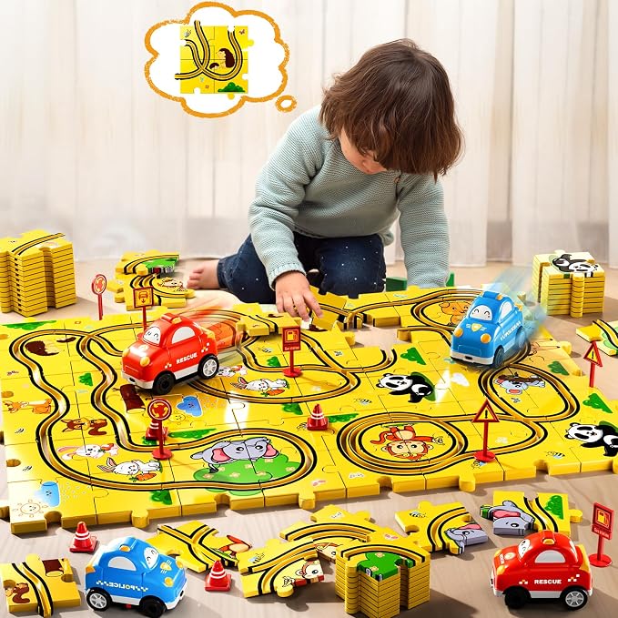 Bennol Puzzle Tracks Car Toys Gifts for 3 4 5 Year Old Boys 48PCS Puzzle Racer Cars Play Set for Kids Ages 3-5 4-6 Toys Gifts for 3 4 5 Year Old Boys Puzzle Racer Kids Car Track Set
