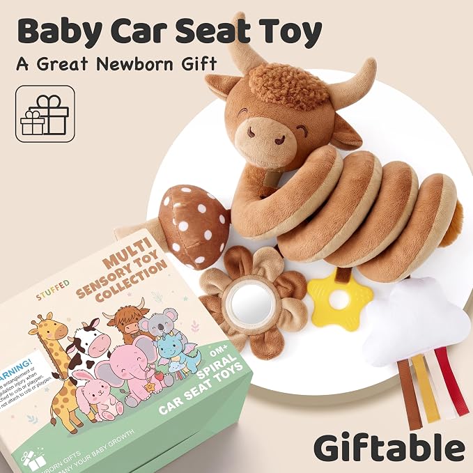 Stuffed Highland Cow Spiral Car Seat Toys for Babies 0-3-6-12 Months, Infant Stroller Toy with Mushroom Pendant & Star Teether Hanging, Cute Baby Registry Search & Shower Gifts for Newborns