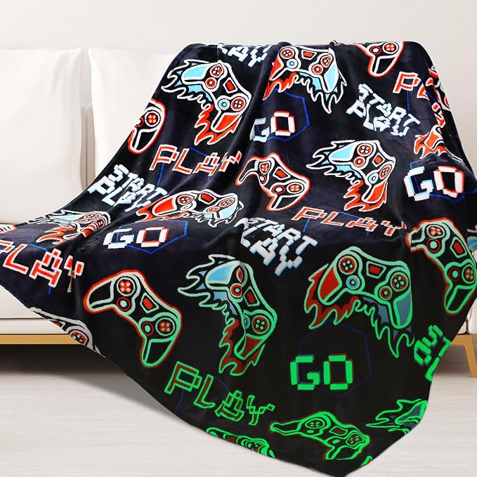 ORDM Game Controller Gifts for Boys Glow in The Dark Blanket Kids Gaming Controller Throw Blanket Toys for Ages 5-7 Game Decor Blankets for Home Bedroom Luminous Blanket 40 "x 50"