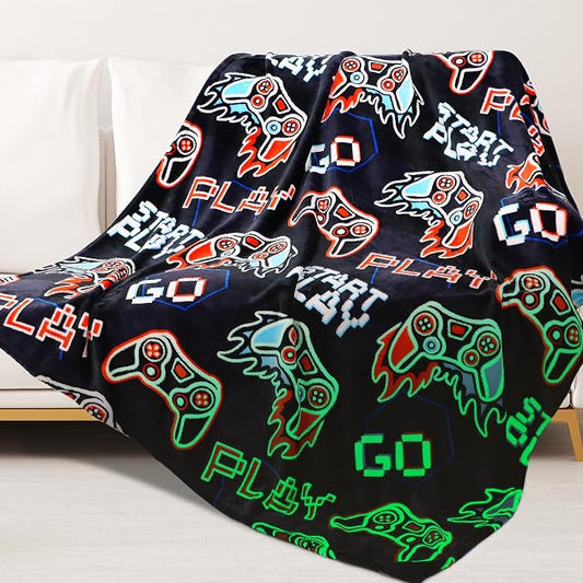 ORDM Game Controller Gifts for Boys Glow in The Dark Blanket Kids Gaming Controller Throw Blanket Toys for Ages 5-7 Game Decor Blankets for Home Bedroom Luminous Blanket 40 "x 50"