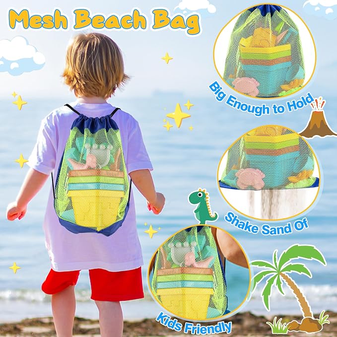 HUUIDY Beach Toys for Kids, Sand Toys with 4 Sand Buckets and Shovels for Kids, Sand Castle Building Kit with Mesh Bag & Molds, Travel Beach Essentials Sandbox Toys for Toddlers Boys Girls Age 4-12