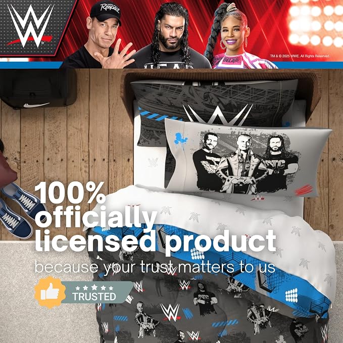 WWE Wrestling Bedding Set, Queen Size 7 Piece Set Super Soft Cozy Reversible Comforter and Sheet Set with Sham, (100% Officially Licensed Product) by Franco