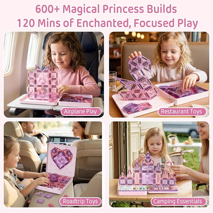 Magnetic Tiles Girls Travel Toy: 42 PCS Pink Glitter Building Blocks Castle Tin Box - 120 Mins Quiet Play 60s Cleanup - Toddler Kids Gift Age 3 4 5 6
