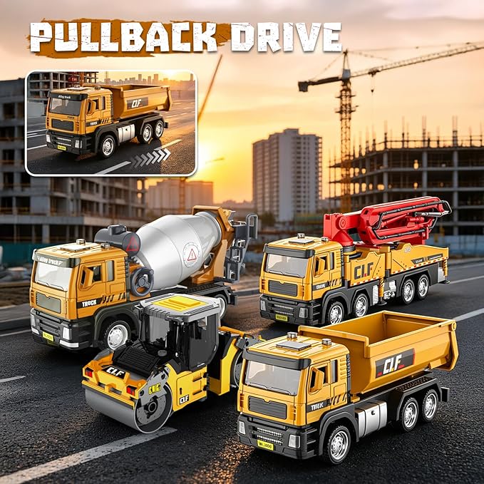 1:50 Die-Cast Dump Truck Toy, Pull-Back with Lights & Sounds, Opening Doors & Tiltable Dump Bed, with Simulated Rocks, for Kids 3-9