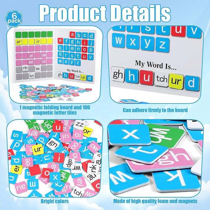 Ireer 6 Set Phonics Magnetic Letter Tiles Set Spelling Reading Games Board Manipulative Phonemic Awareness Sentence Building Alphabet ABC Fridge Magnets Homeschool Classroom Learning Activity