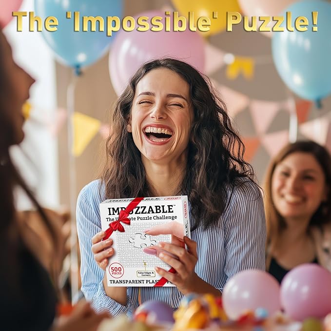 Funwares 500-piece ImPuzzable Clear Puzzle – Insanely Hard Brain Teaser for Adults – Acrylic Jigsaw with False Edges and Fale Corners – Funny White Elephant Gift