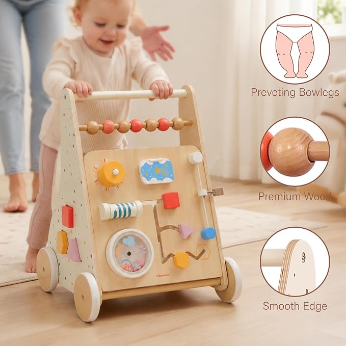 Pillowhale Wooden Baby Walker with Wheels Montessori Activity Push Walker Toy for Toddlers Adjustable Speed & Activity Center for Girls Boys 12M+