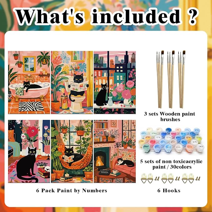 FLUXOJOY 6 Pack Painting by Number Kits for Adult, DIY Canvas Color Painting Kit for Kids or Beginner with Paint Brushes Acrylic Pigment Drawing Paintwork 20x30cm Without Frame (Cat-6 Pack)