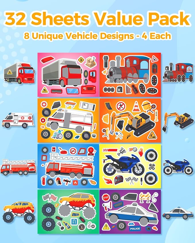 Aowplc 32 Sheets Vehicle Stickers for Kids - Make Your Own Transportation Stickers for Party Favors, Classroom Activities and Crafts