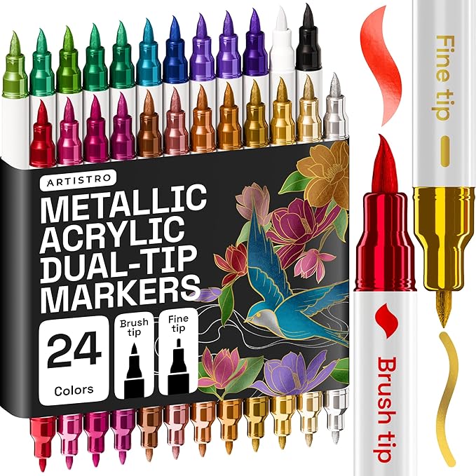 ARTISTRO 24 Metallic Acrylic Paint Markers - Paint Pens for Drawing - For Fabric, Rock, Glass, Wood, Molds - Arts & Crafts Gift for Adults, Teens, Kids, Classroom Must Haves & School Supplies