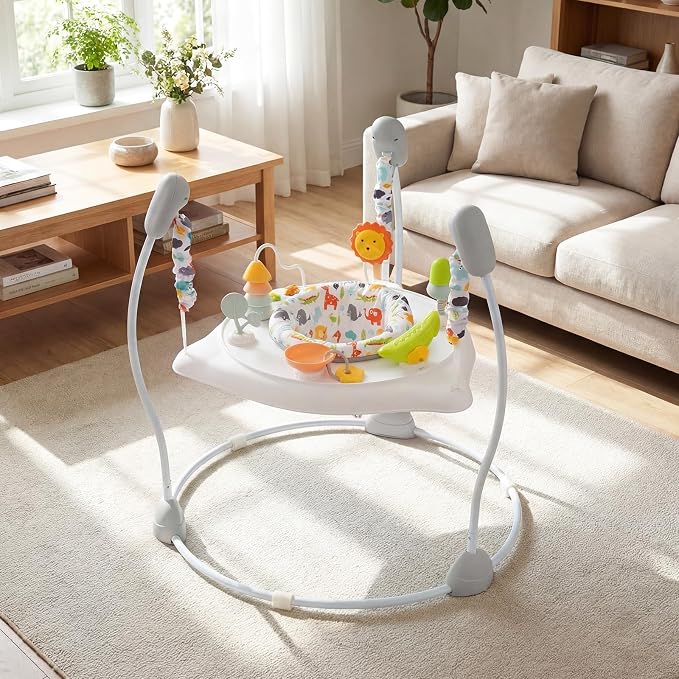 BABY JOY Baby Activity Center, Baby Jumpers and Bouncers with Music, 360° Rotating Seat, 3 Adjustable Heights, Montessori-Inspired Activity Center for Baby 7-15 Months (White)